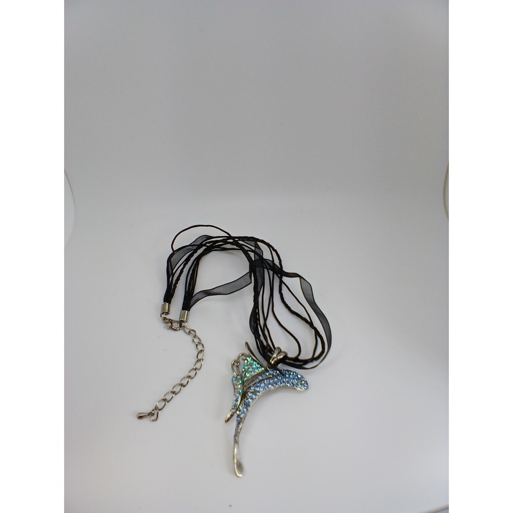 Blue Rhinestone Butterfly Pendant Multi Strand Black Ribbon Necklace Chocker NOS - Picture 14 of 17